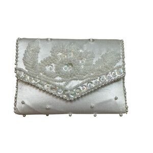 1950’s VINTAGE BON SOIR SILK Ivory Beaded Coin Purse Handmade in Japan Ivory EUC